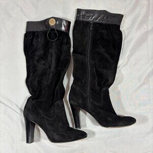 Michael Kors Black Tall Knee-High Block High Heels Suede Pleats Boots Size 6.5